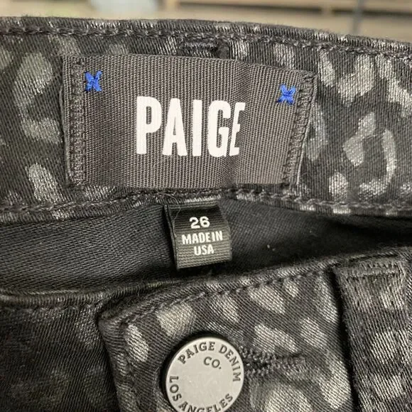 PAIGE Jeans Womens 26 HOXTON Ultra Skinny Denim Leopard Black High Rise NEW - Picture 2 of 7